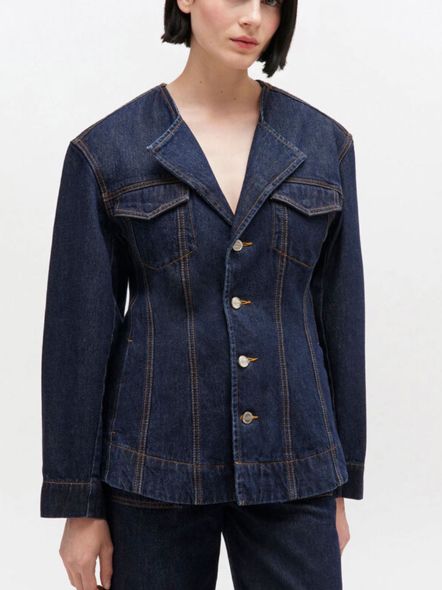 Ganni Cinched Waist Dark Indigo Button-Front Denim Jacket